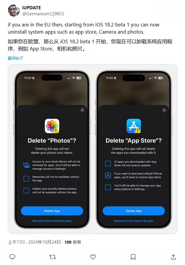 囊谦苹果手机维修分享iOS 18.2 支持删除 App Store 应用商店 