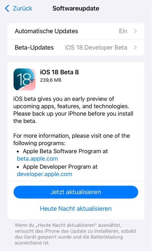 囊谦苹果手机维修分享苹果 iOS / iPadOS 18 开发者预览版 Beta 8 发布 